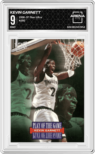 Kevin Garnett from the 1996-97 Fleer Ultra set graded by Arena Club and given an overall grade of 9.