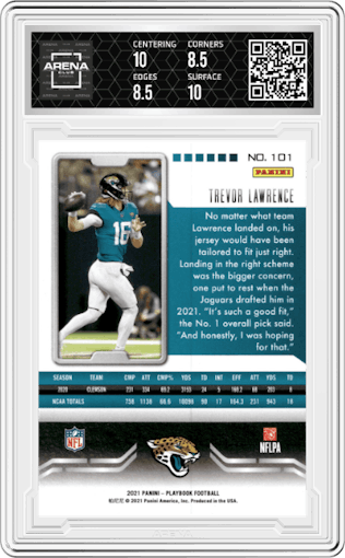 Trevor Lawrence from the 2021 Panini Playbook set graded by Arena Club and given an overall grade of 9.
