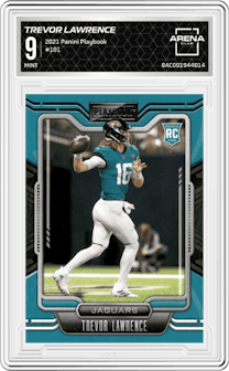 Trevor Lawrence from the 2021 Panini Playbook set graded by Arena Club and given an overall grade of 9.