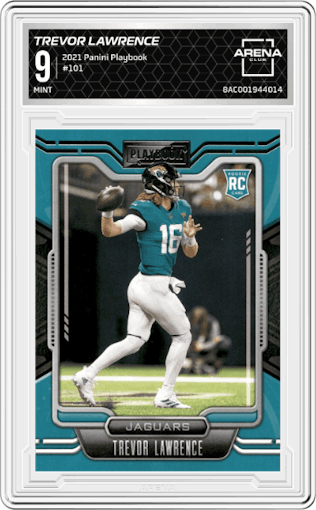 Trevor Lawrence from the 2021 Panini Playbook set graded by Arena Club and given an overall grade of 9.