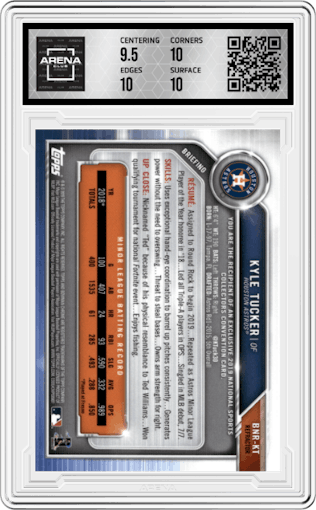 Kyle Tucker from the 2019 Topps NSCC Bowman Chrome set graded by Arena Club and given an overall grade of 10.