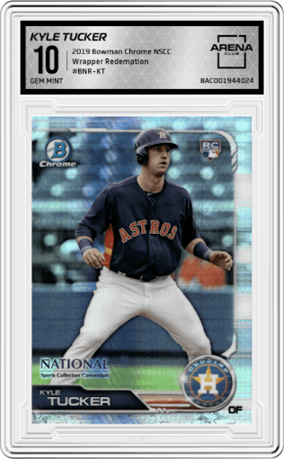 Kyle Tucker from the 2019 Topps NSCC Bowman Chrome set graded by Arena Club and given an overall grade of 10.