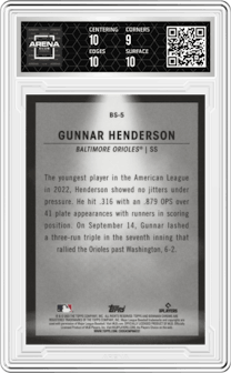 Gunnar Henderson from the 2023 Bowman  set graded by Arena Club and given an overall grade of 9.5.
