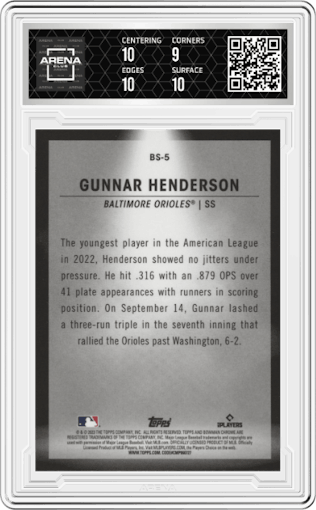 Gunnar Henderson from the 2023 Bowman  set graded by Arena Club and given an overall grade of 9.5.