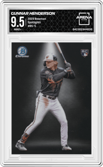 Gunnar Henderson from the 2023 Bowman  set graded by Arena Club and given an overall grade of 9.5.