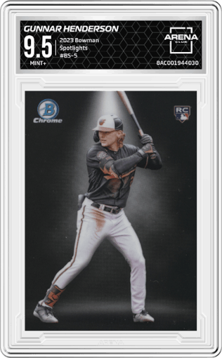 Gunnar Henderson from the 2023 Bowman  set graded by Arena Club and given an overall grade of 9.5.