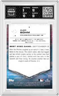 Alec Bohm from the 2021 Bowman’s Best set featuring a Orange Refractor parallel graded by Arena Club and given an overall grade of 9.5.