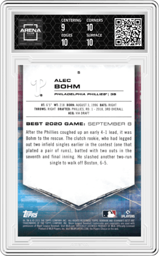 Alec Bohm from the 2021 Bowman’s Best set featuring a Orange Refractor parallel graded by Arena Club and given an overall grade of 9.5.