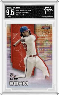 Alec Bohm from the 2021 Bowman’s Best set featuring a Orange Refractor parallel graded by Arena Club and given an overall grade of 9.5.