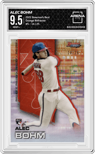 Alec Bohm from the 2021 Bowman’s Best set featuring a Orange Refractor parallel graded by Arena Club and given an overall grade of 9.5.