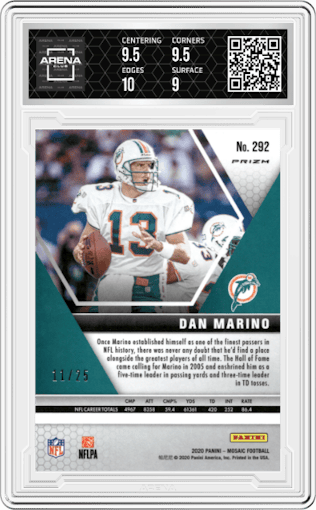 Dan Marino from the 2020 Panini Mosaic set featuring a White Mosaic parallel graded by Arena Club and given an overall grade of 9.5.