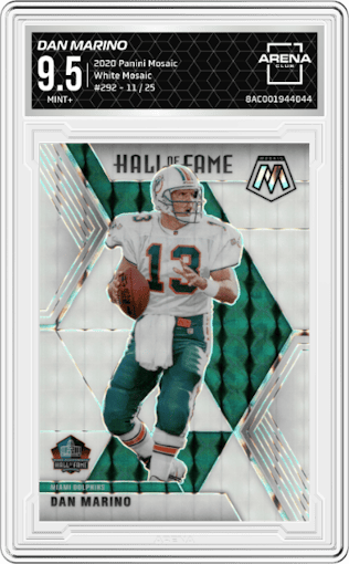 Dan Marino from the 2020 Panini Mosaic set featuring a White Mosaic parallel graded by Arena Club and given an overall grade of 9.5.