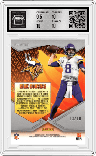 Kirk Cousins from the 2022 Panini Phoenix set featuring a Black parallel graded by Arena Club and given an overall grade of 10.
