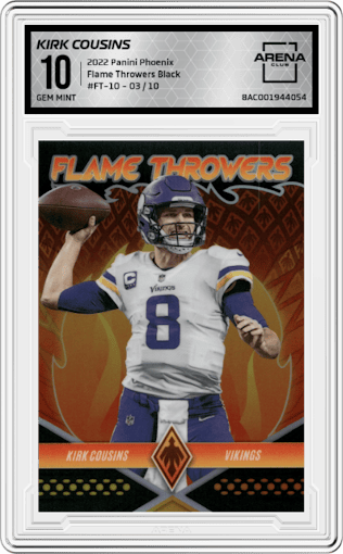 Kirk Cousins from the 2022 Panini Phoenix set featuring a Black parallel graded by Arena Club and given an overall grade of 10.