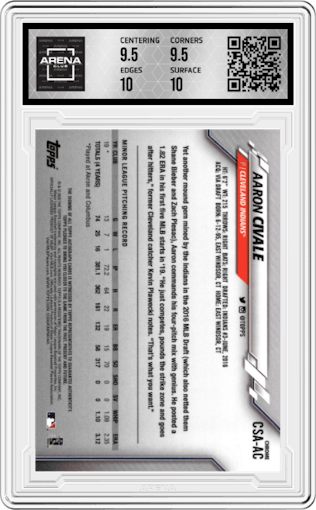 Aaron Civale from the 2020 Topps Chrome Sapphire Edition set graded by Arena Club and given an overall grade of 10.
