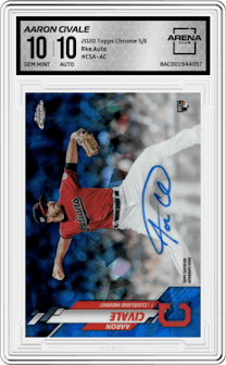 Aaron Civale from the 2020 Topps Chrome Sapphire Edition set graded by Arena Club and given an overall grade of 10.