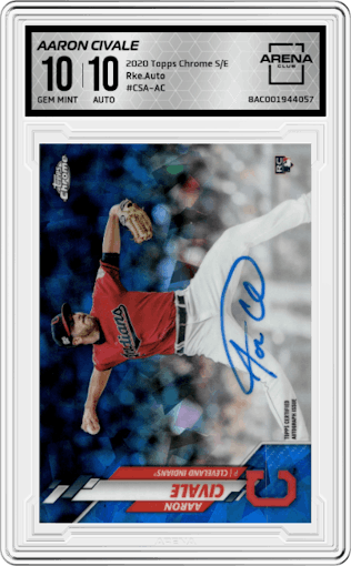 Aaron Civale from the 2020 Topps Chrome Sapphire Edition set graded by Arena Club and given an overall grade of 10.