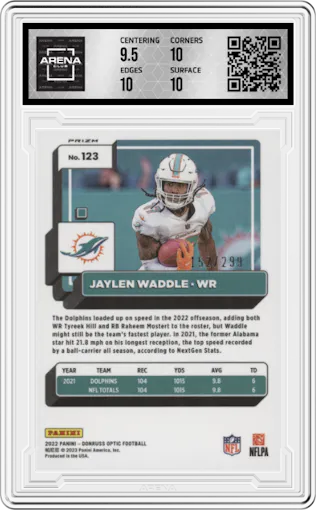 Jaylen Waddle from the 2022 Panini Donruss Optic set featuring a Aqua parallel graded by Arena Club and given an overall grade of 10.
