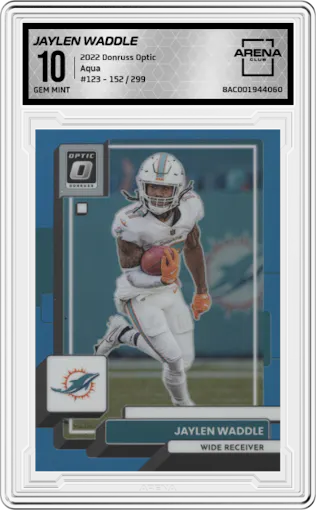 Jaylen Waddle from the 2022 Panini Donruss Optic set featuring a Aqua parallel graded by Arena Club and given an overall grade of 10.