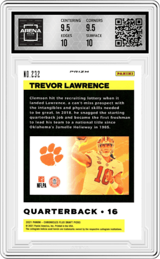 Trevor Lawrence from the 2021 Panini Chronicles Draft Picks set featuring a Silver parallel graded by Arena Club and given an overall grade of 10.