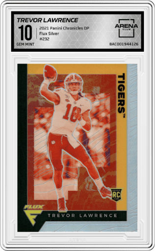 Trevor Lawrence from the 2021 Panini Chronicles Draft Picks set featuring a Silver parallel graded by Arena Club and given an overall grade of 10.