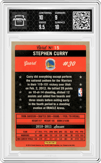 Stephen Curry from the 2011-12 Panini Past & Present set graded by Arena Club and given an overall grade of 9.5.
