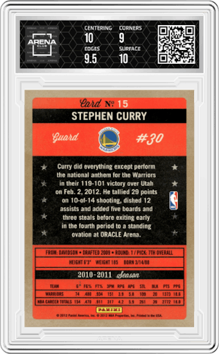 Stephen Curry from the 2011-12 Panini Past & Present set graded by Arena Club and given an overall grade of 9.5.