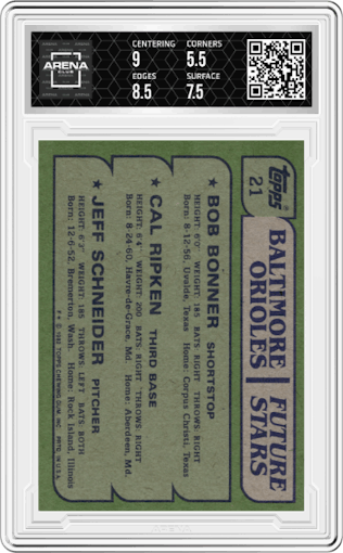 Bob Bonner/Cal Ripken/Jeff Schneider  from the 1982 Topps set graded by Arena Club and given an overall grade of 6.