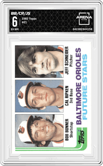 Bob Bonner/Cal Ripken/Jeff Schneider  from the 1982 Topps set graded by Arena Club and given an overall grade of 6.