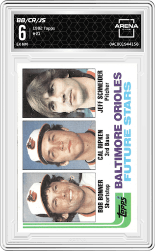 Bob Bonner/Cal Ripken/Jeff Schneider  from the 1982 Topps set graded by Arena Club and given an overall grade of 6.