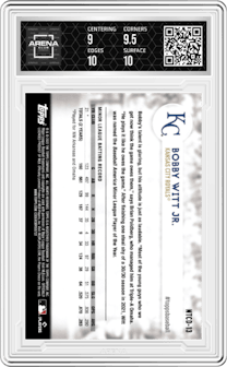 Bobby Witt Jr. from the 2022 Topps International Trading Card Day set graded by Arena Club and given an overall grade of 9.5.
