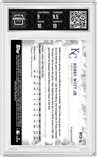 Bobby Witt Jr. from the 2022 Topps International Trading Card Day set graded by Arena Club and given an overall grade of 9.5.