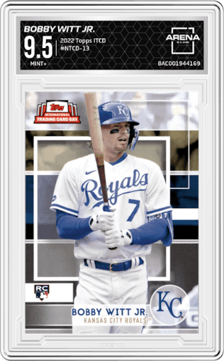 Bobby Witt Jr. from the 2022 Topps International Trading Card Day set graded by Arena Club and given an overall grade of 9.5.