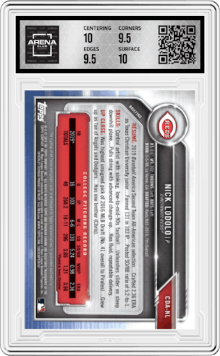 Nick Lodolo from the 2019 Bowman Draft set featuring a Purple Refractor parallel graded by Arena Club and given an overall grade of 10.
