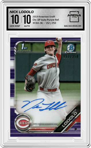 Nick Lodolo from the 2019 Bowman Draft set featuring a Purple Refractor parallel graded by Arena Club and given an overall grade of 10.