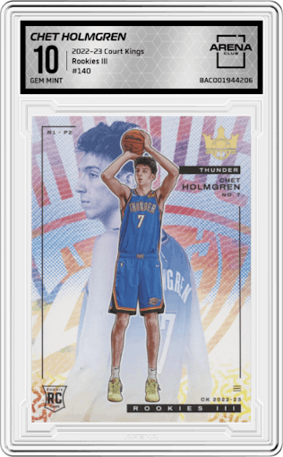 Chet Holmgren from the 2022-23 Panini Court Kings set graded by Arena Club and given an overall grade of 10.