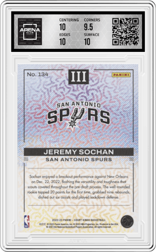 Jeremy Sochan from the 2022-23 Panini Court Kings set graded by Arena Club and given an overall grade of 10.
