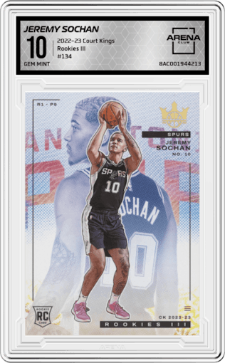 Jeremy Sochan from the 2022-23 Panini Court Kings set graded by Arena Club and given an overall grade of 10.