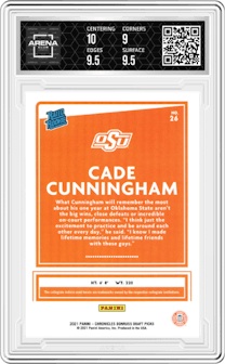 Cade Cunningham from the 2021-22 Panini Chronicles Draft Picks set graded by Arena Club and given an overall grade of 9.5.
