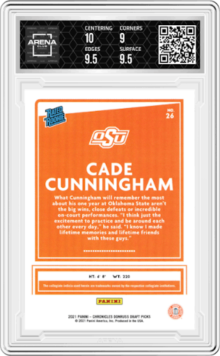 Cade Cunningham from the 2021-22 Panini Chronicles Draft Picks set graded by Arena Club and given an overall grade of 9.5.