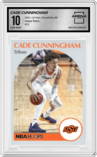 Cade Cunningham from the 2021-22 Panini Chronicles Draft Picks set graded by Arena Club and given an overall grade of 10.