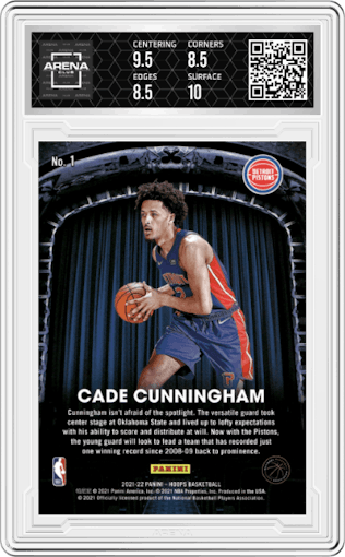 Cade Cunningham from the 2021-22 Panini NBA Hoops set graded by Arena Club and given an overall grade of 9.