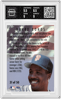 Barry Bonds from the 1994 Fleer set graded by Arena Club and given an overall grade of 9.