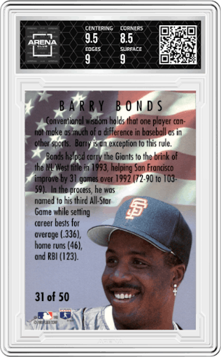 Barry Bonds from the 1994 Fleer set graded by Arena Club and given an overall grade of 9.