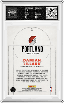 Damian Lillard from the 2022-23 Panini Donruss set featuring a Press Proof Purple parallel graded by Arena Club and given an overall grade of 9.5.