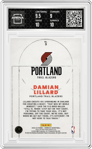 Damian Lillard from the 2022-23 Panini Donruss set featuring a Press Proof Purple parallel graded by Arena Club and given an overall grade of 9.5.