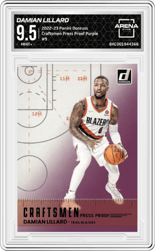 Damian Lillard from the 2022-23 Panini Donruss set featuring a Press Proof Purple parallel graded by Arena Club and given an overall grade of 9.5.