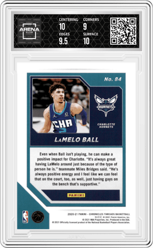 LaMelo Ball from the 2020-21 Panini Chronicles set graded by Arena Club and given an overall grade of 9.5.