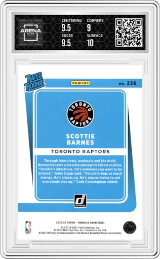 Scottie Barnes from the 2021-22 Panini Donruss set graded by Arena Club and given an overall grade of 9.5.