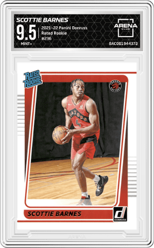 Scottie Barnes from the 2021-22 Panini Donruss set graded by Arena Club and given an overall grade of 9.5.